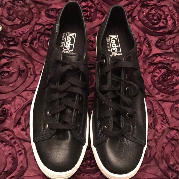 Keds Shoes - BLACK FAUX LEATHER AUTH KEDS WITH WHITE HEEL